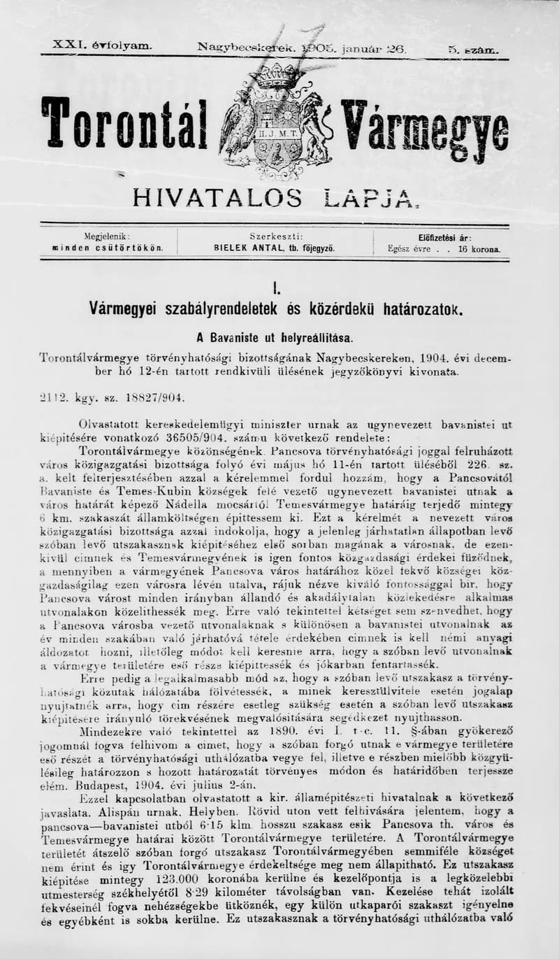 Torontál Vármegye Hivatalos Lapja, 21. évf. 1905. január 26. 5. sz.