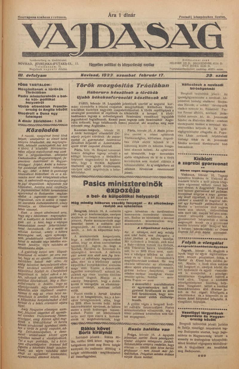 Vajdaság, 3. évf. 1923. február 17. 39. sz.