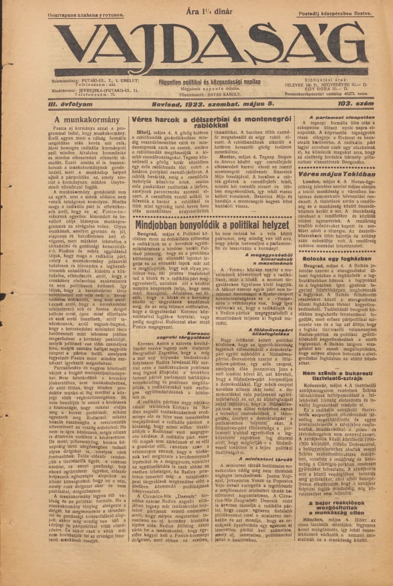 Vajdaság, 3. évf. 1923. május 5. 103. sz.