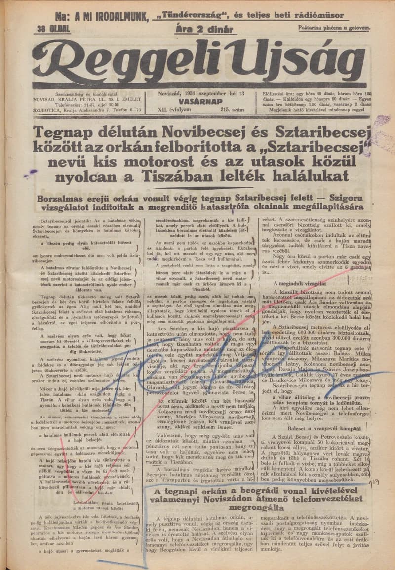 Reggeli Újság, 12. évf. 1931. szeptember 13. 215. sz.