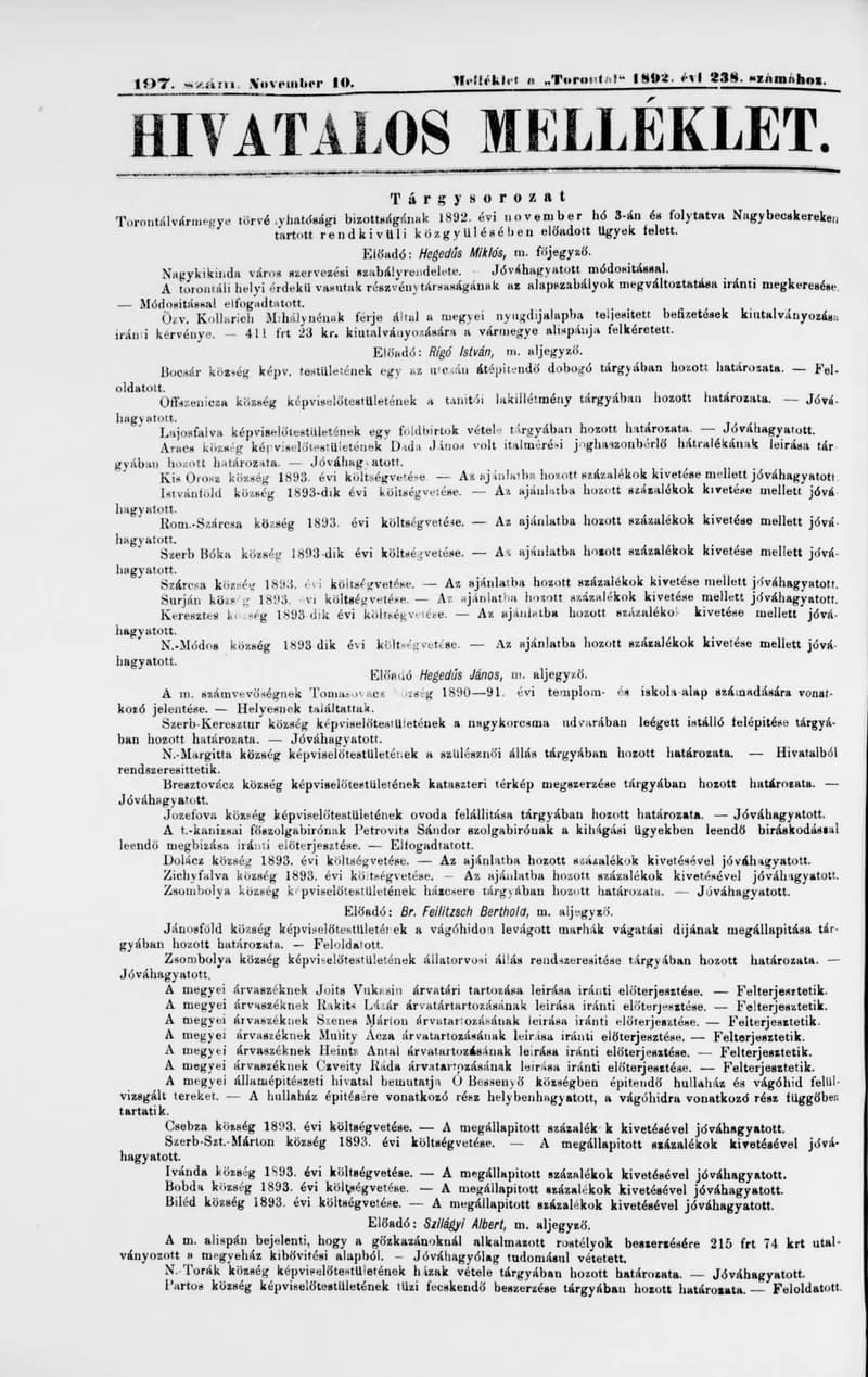 A Totontál  hivatalos melléklete, 5. évf. 1892. november 10. 197. sz.