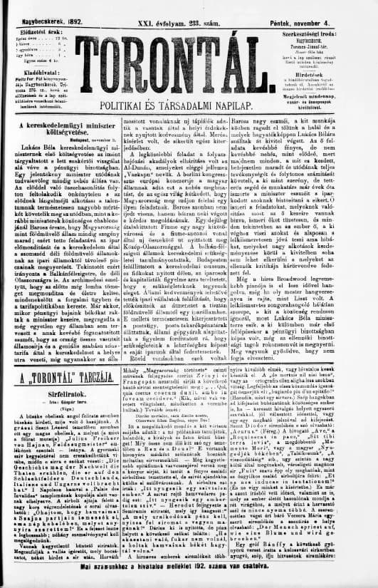 Torontál, 21. évf. 1892. november 4. 233. sz.