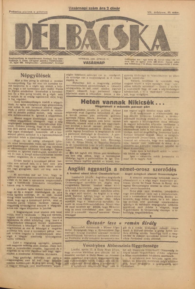 Délbácska, 7. évf. 1926. április 18. 89. sz.
