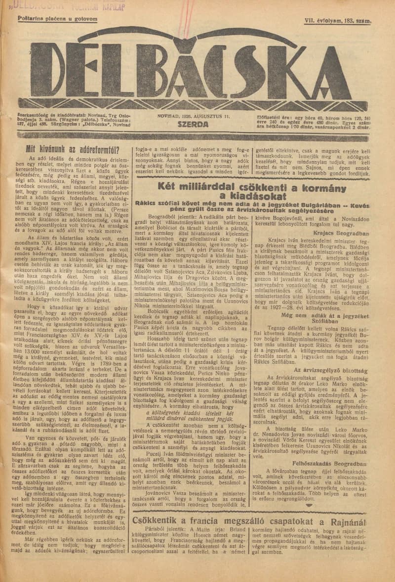 Délbácska, 7. évf. 1926. augusztus 11. 183. sz.