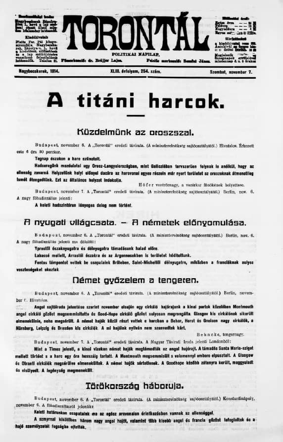 Torontál, 43. évf. 1914. november 7. 254. sz.