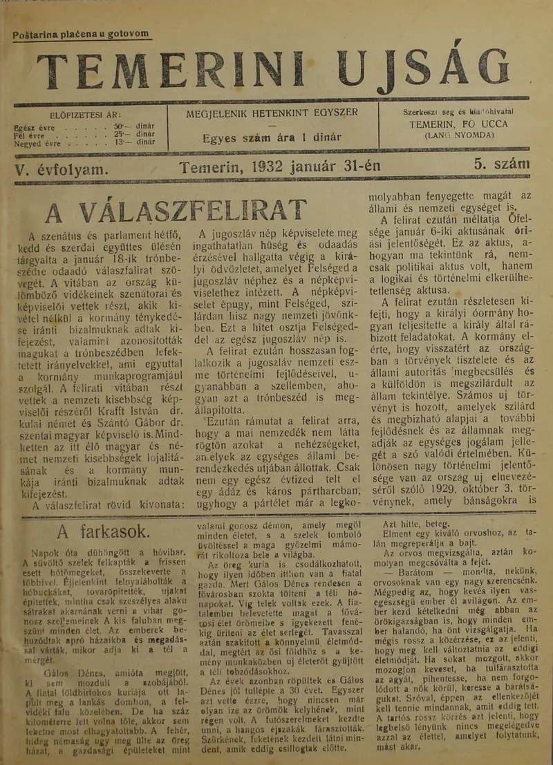 Temerini Újság 1928-1944, 5. évf. 1932. január 31. 5. sz.