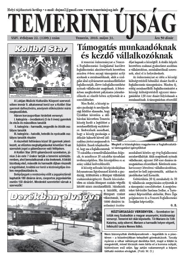 Temerini Újság, 24. évf. 2018. május 31. 22. sz.