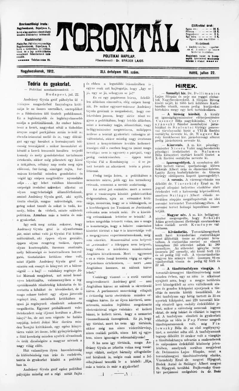 Torontál, 41. évf. 1912. július 22. 165. sz.