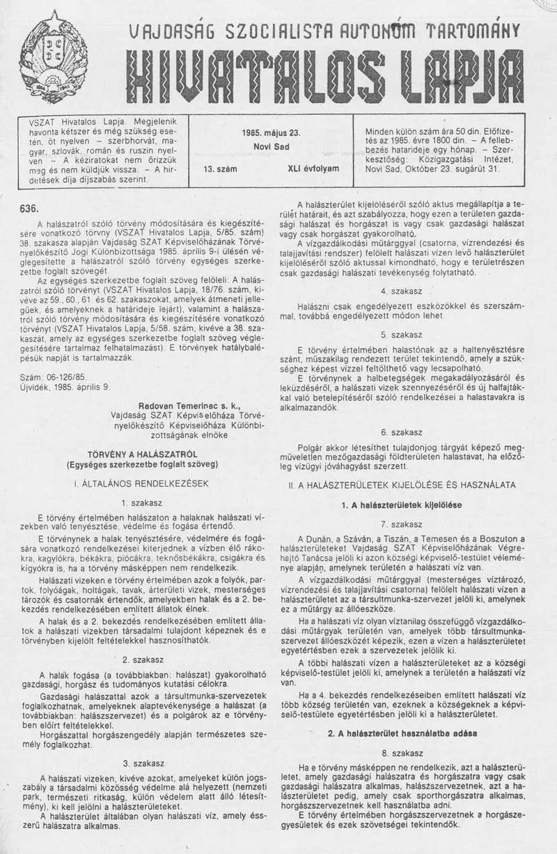 Vajdaság Szocialista Autonóm Tartomány Hivatalos Lapja, 41. évf. 1985. május 23. 13. sz.