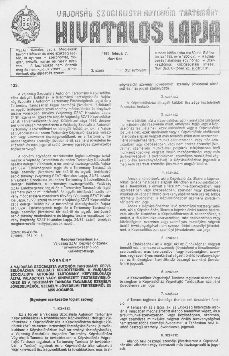 Vajdaság Szocialista Autonóm Tartomány Hivatalos Lapja, 41. évf. 1985. február 7. 3. sz.