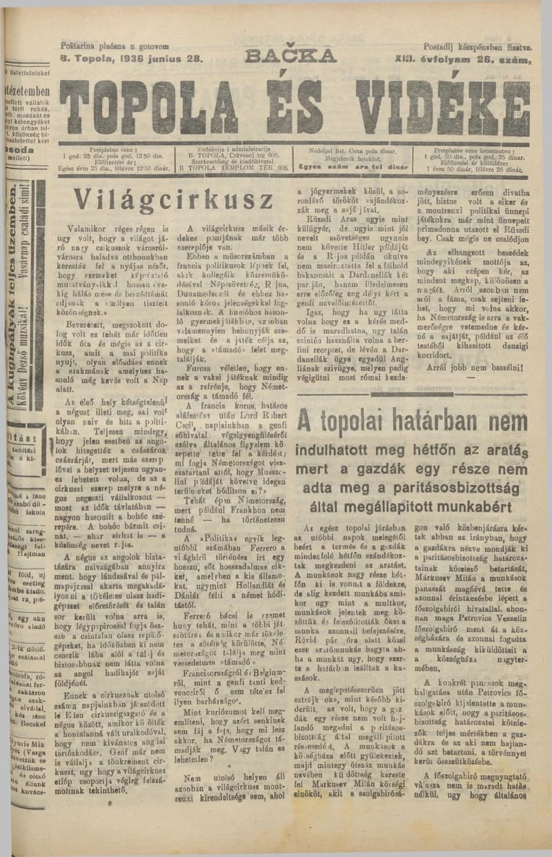 Bačka Topola és Vidéke, 13. évf. 1936. június 28. 26. sz.
