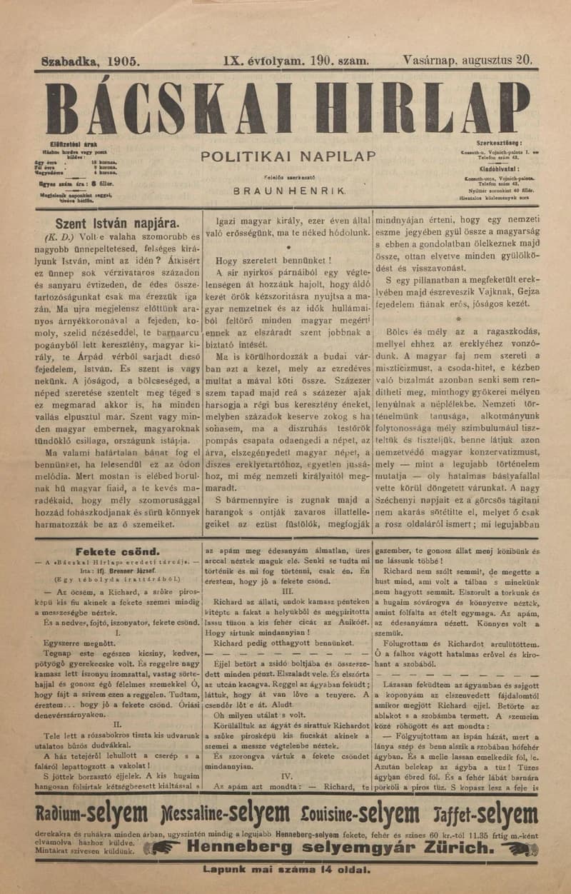 Bácskai Hirlap, 9. évf. 1905. augusztus 20. 190. sz.