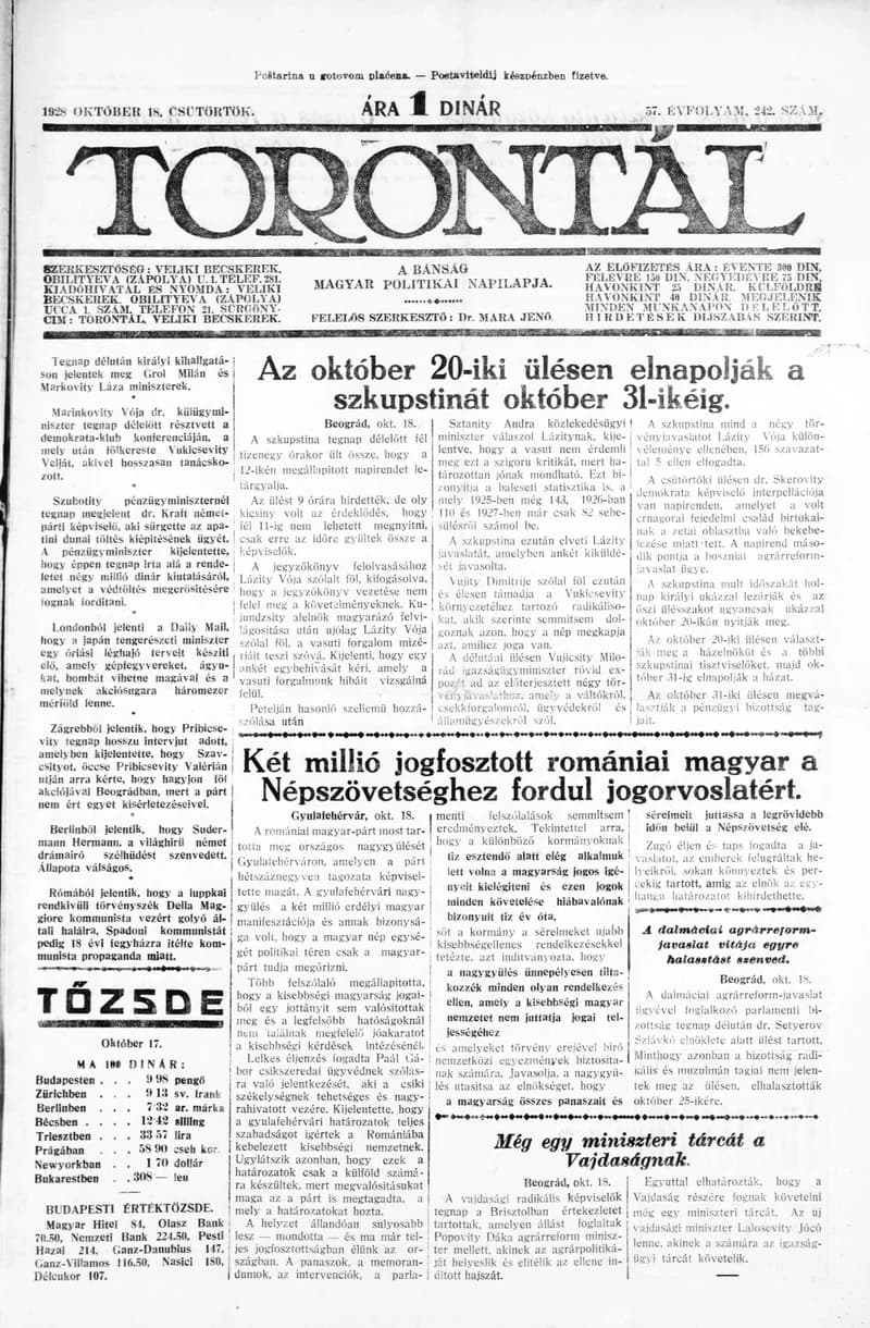 Torontál, 57. évf. 1928. október 18. 242. sz.