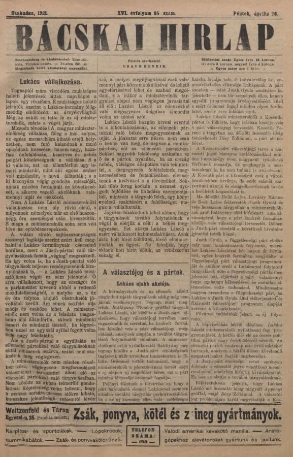 Bácskai Hirlap, 16. évf. 1912. április 26. 95. sz.
