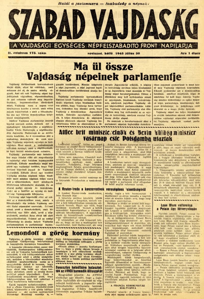 Szabad Vajdaság, 2. évf. 1945. július 30. 173. sz.