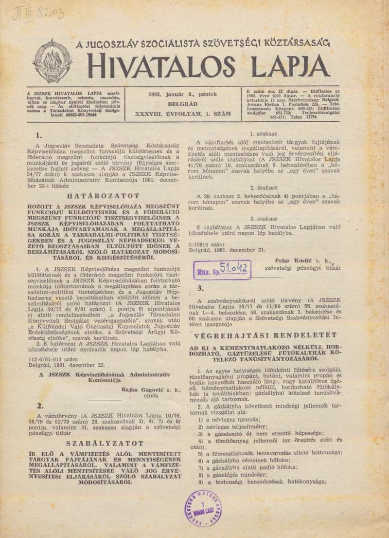 A Jugoszláv Szocialista Szövetségi Köztársaság Hivatalos Lapja, 38. évf. 1982. január 8. 1. sz. 1–44. oldal