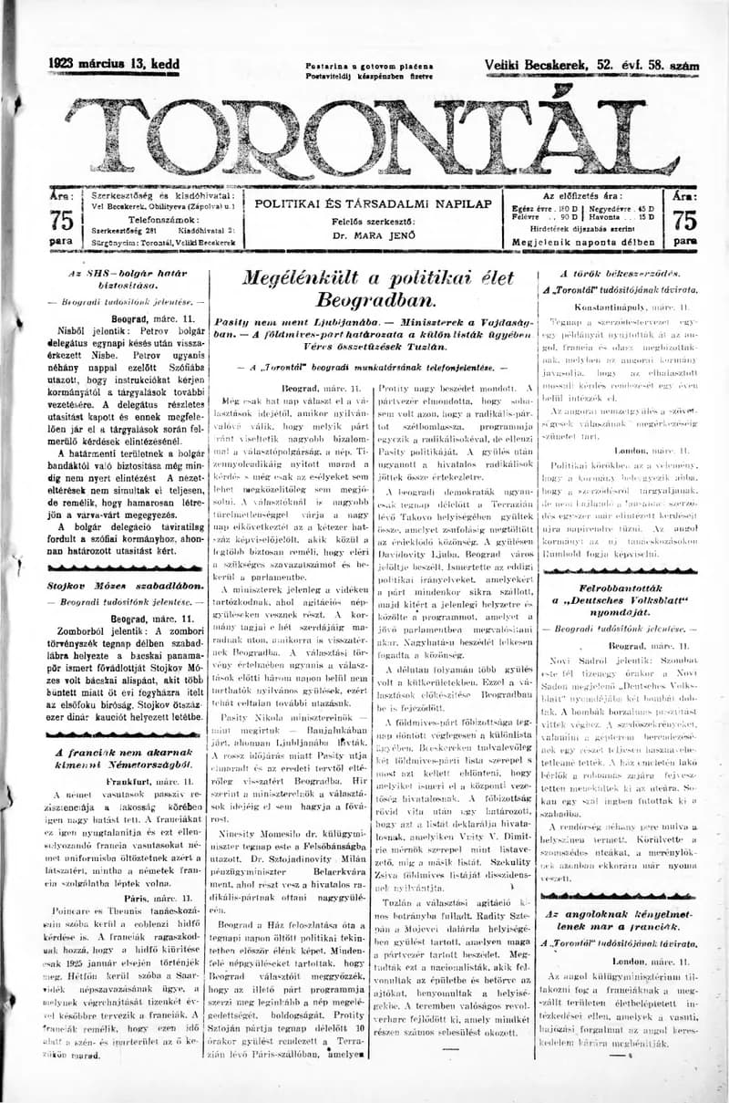 Torontál, 52. évf. 1923. március 13. 58. sz.
