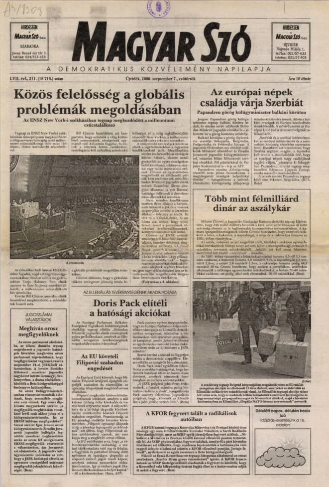 Magyar Szó, 57. évf. 2000. szeptember 7. 211. sz. 1–16. oldal