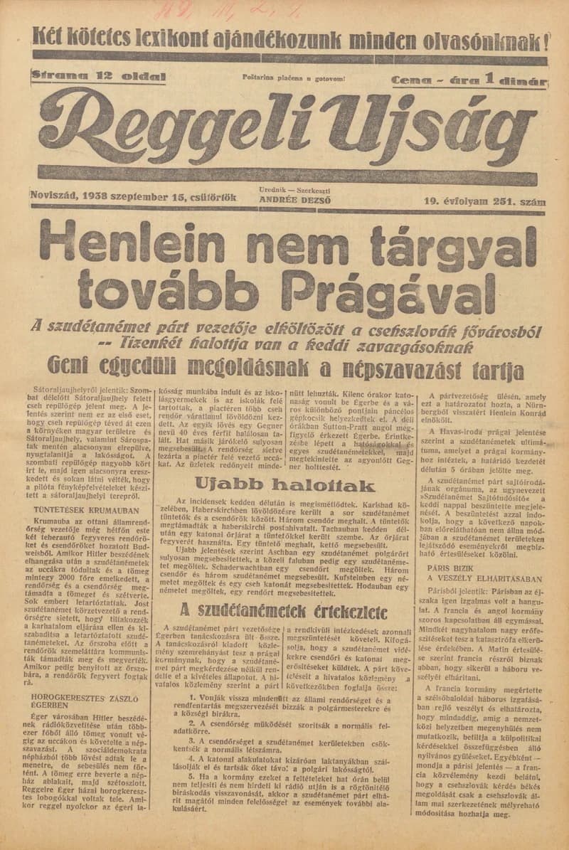 Reggeli Újság, 19. évf. 1938. szeptember 15. 251. sz.