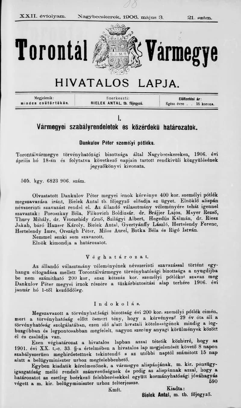 Torontál Vármegye Hivatalos Lapja, 22. évf. 1906. május 3. 21. sz.