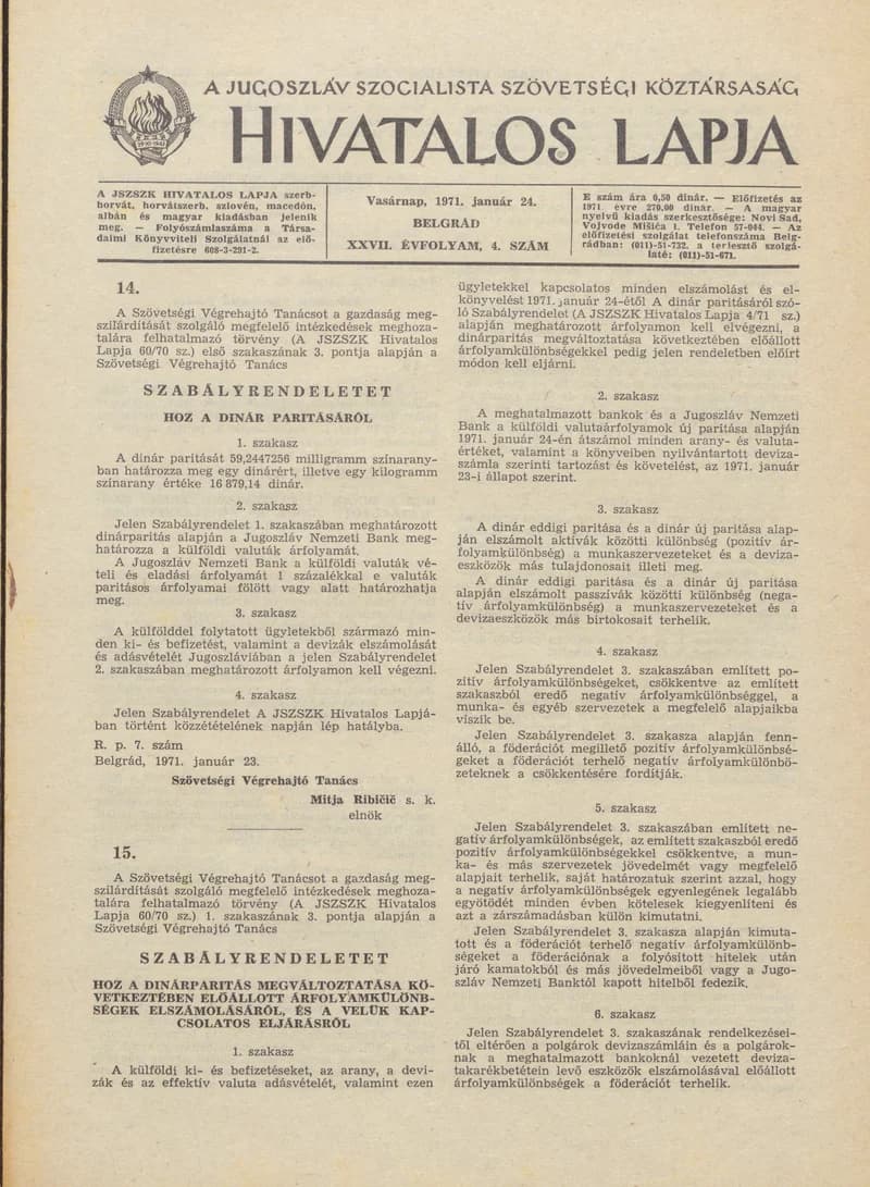 A Jugoszláv Szocialista Szövetségi Köztársaság Hivatalos Lapja, 27. évf. 1971. január 24. 4. sz. 53–56. oldal