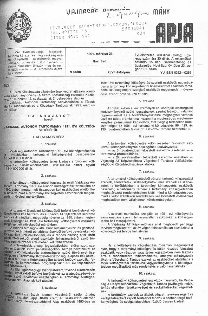 Vajdaság Szocialista Autonóm Tartomány Hivatalos Lapja, 47. évf. 1991. március 31. 9. sz.