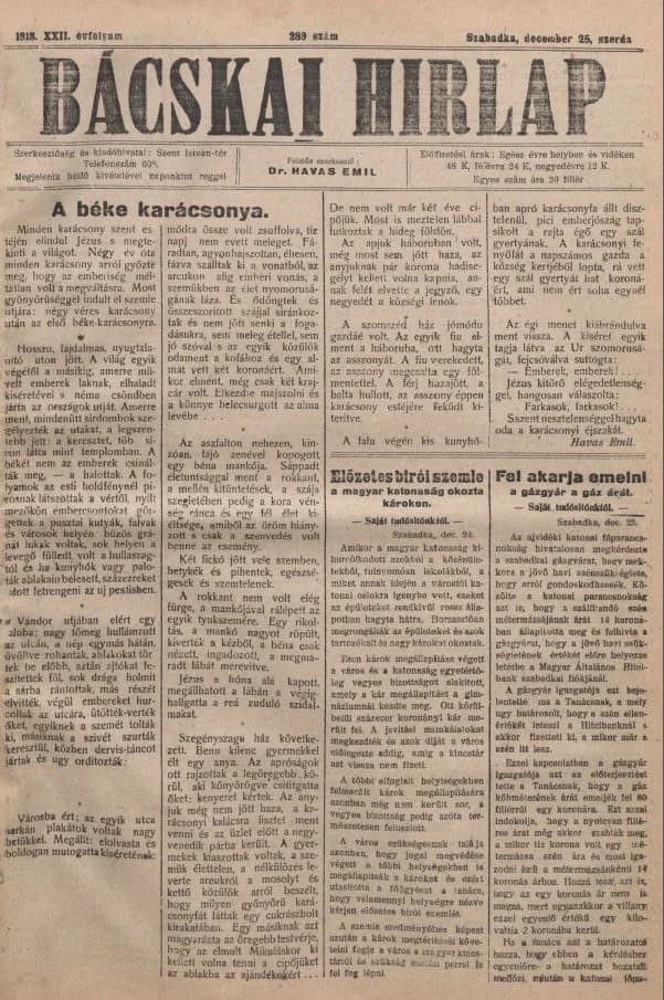 Bácskai Hirlap, 22. évf. 1918. december 25. 289. sz.