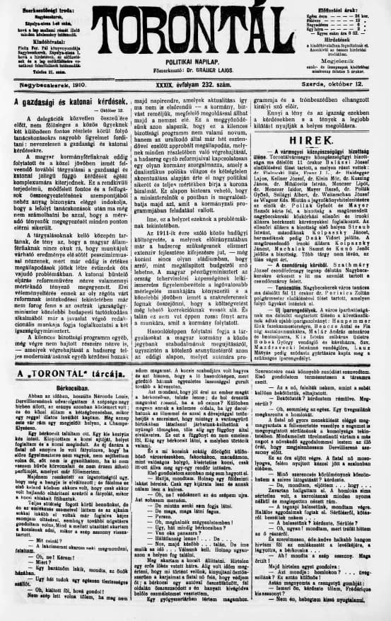 Torontál, 39. évf. 1910. október 12. 232. sz.