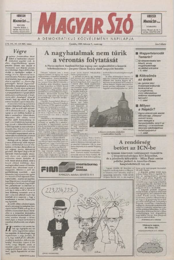 Magyar Szó, 56. évf. 1999. február 7. 30. sz. 1–24. oldal