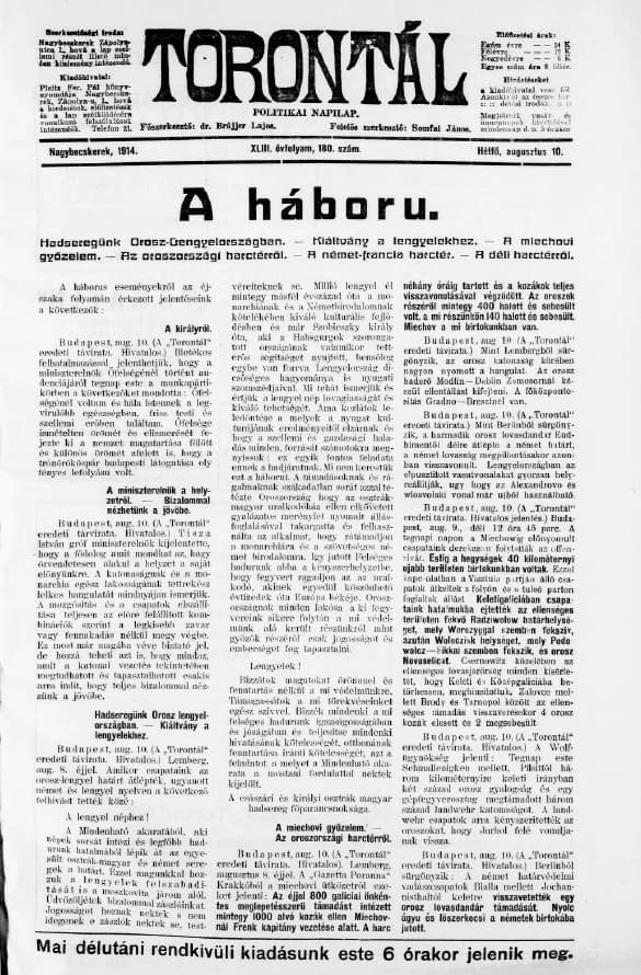 Torontál, 43. évf. 1914. augusztus 10. 180. sz.