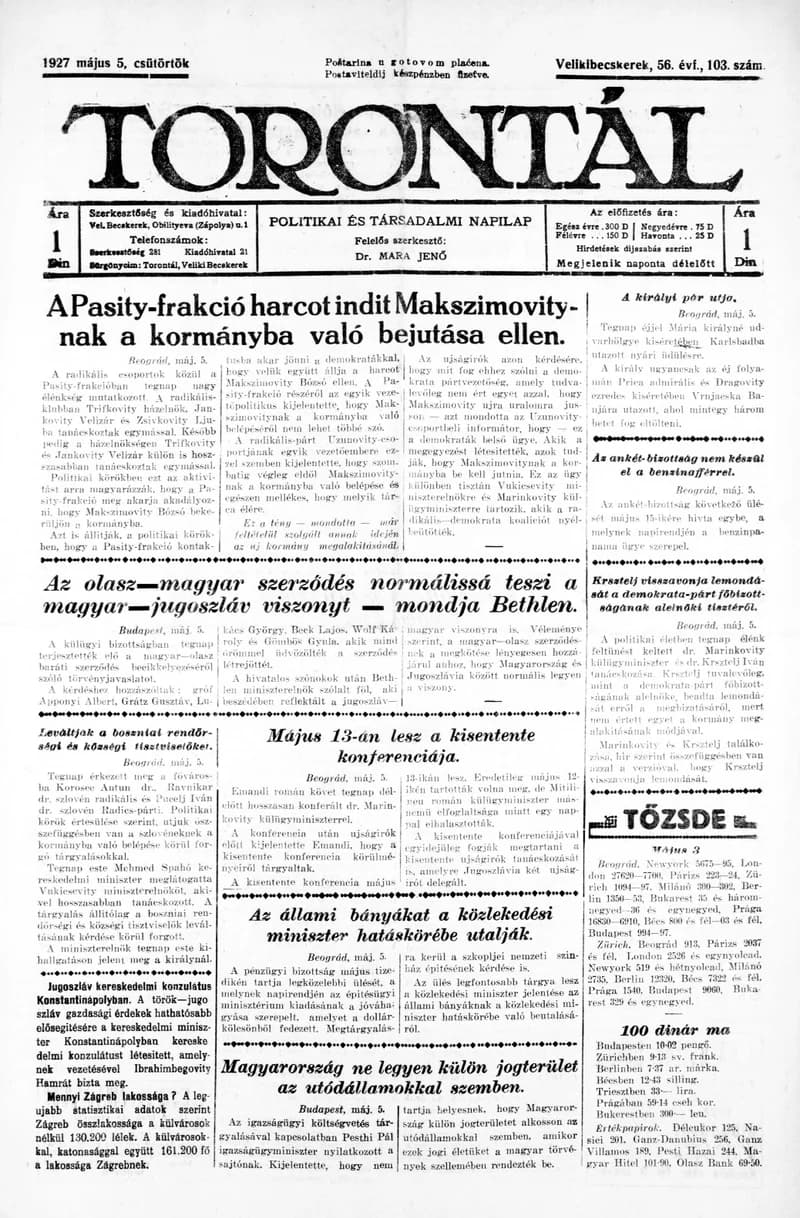 Torontál, 56. évf. 1927. május 5. 103. sz.