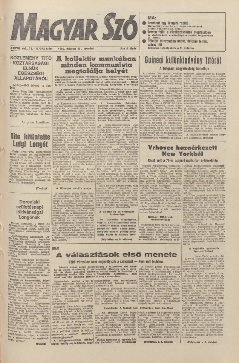Magyar Szó, 37. évf. 1980. március 15. 73. sz. 1–20. oldal