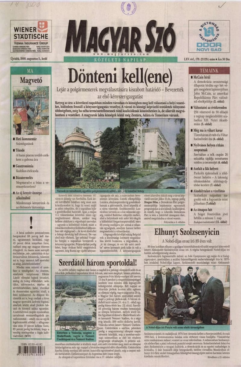 Magyar Szó, 65. évf. 2008. augusztus 5. 179. sz. 1–20. oldal