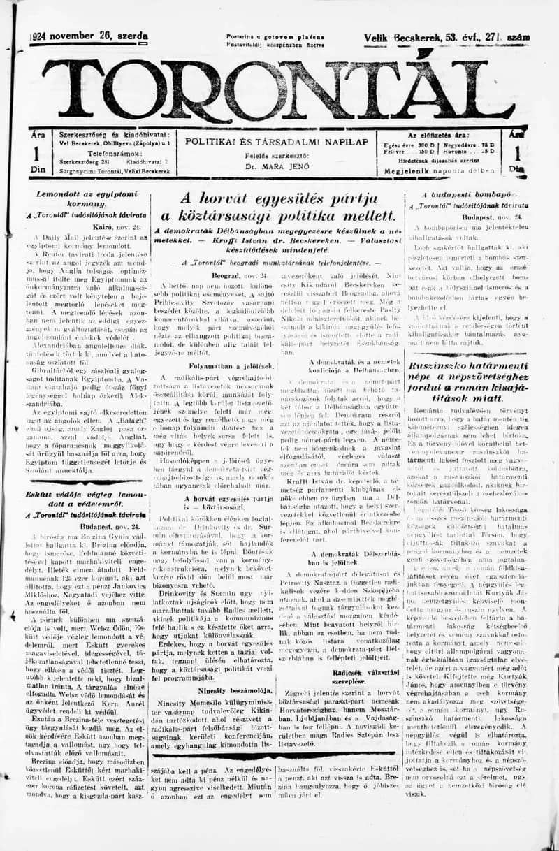 Torontál, 53. évf. 1924. november 26. 271. sz.