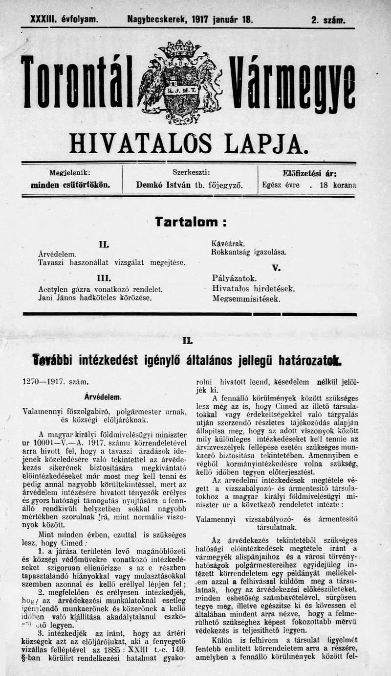 Torontál Vármegye Hivatalos Lapja, 33. évf. 1917. január 18. 2. sz.