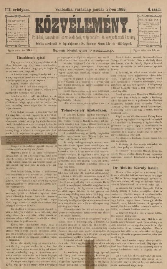 Közvélemény, 3. évf. 1888. január 22. 4. sz.