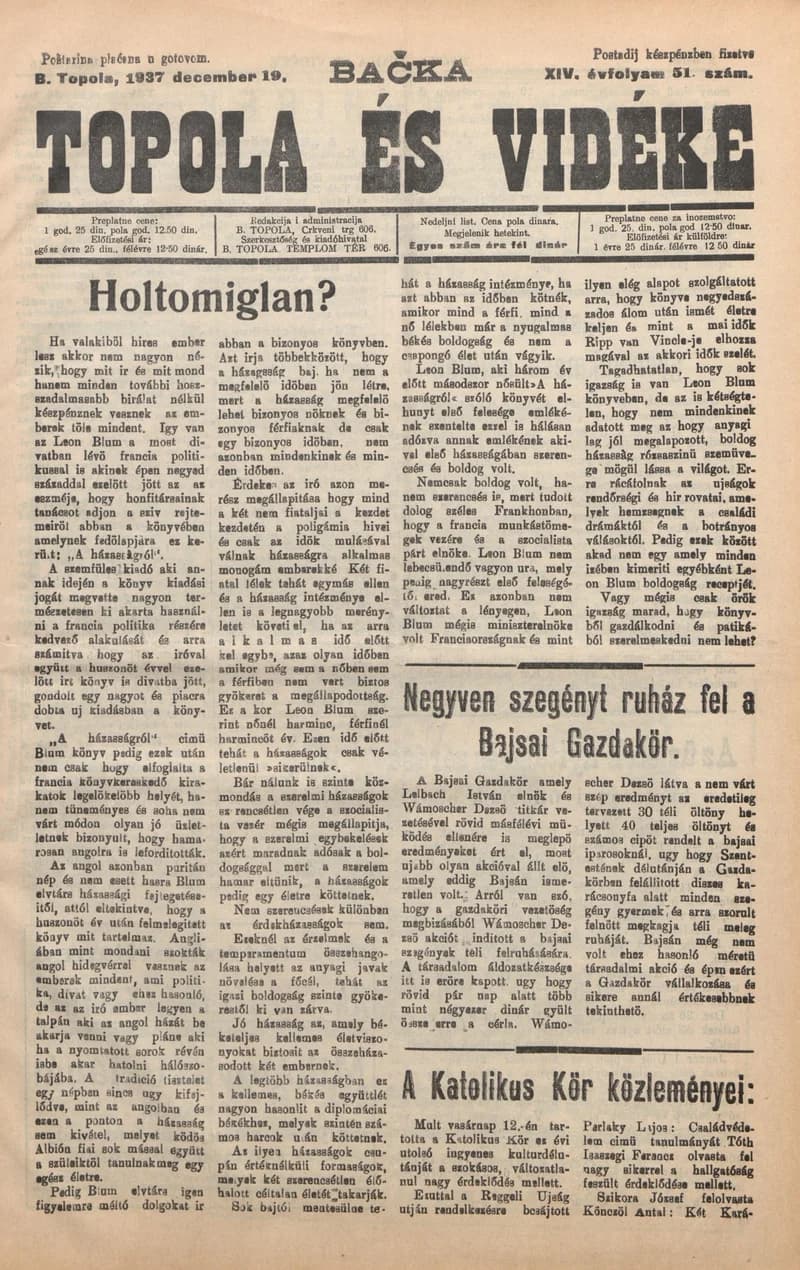 Bačka Topola és Vidéke, 14. évf. 1937. december 19. 51. sz.