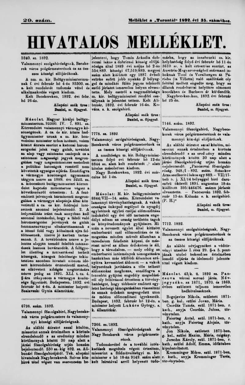 A Totontál  hivatalos melléklete, 5. évf. 1892. március 7. 29. sz.