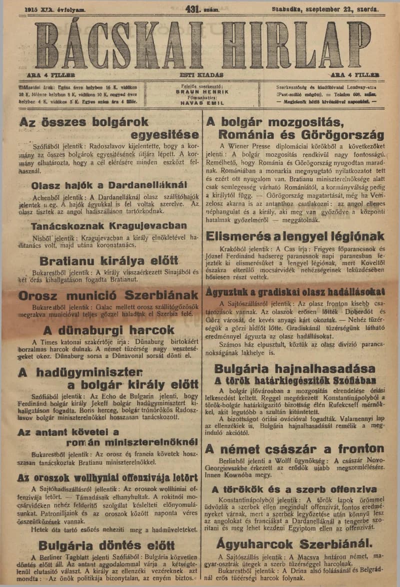 Bácskai Hirlap, 19. évf. 1915. szeptember 22. 431. sz.