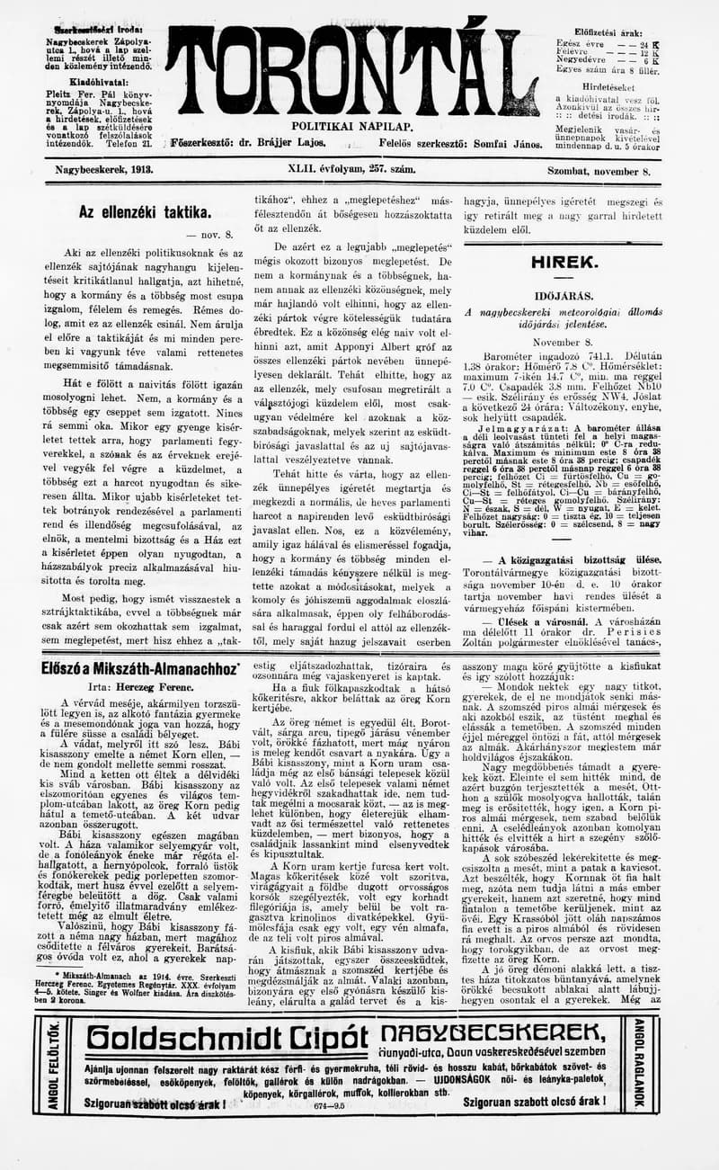 Torontál, 42. évf. 1913. november 8. 257. sz.