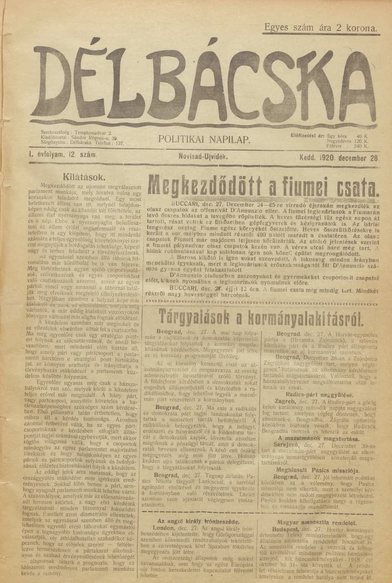 Délbácska, 1. évf. 1920. december 28. 12. sz.