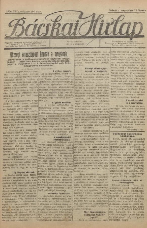 Bácskai Hirlap, 24. évf. 1920. szeptember 29. 160. sz.