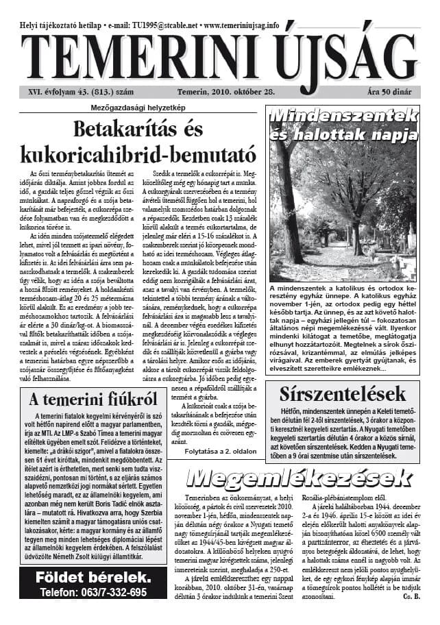 Temerini Újság, 16. évf. 2010. október 28. 43. sz.