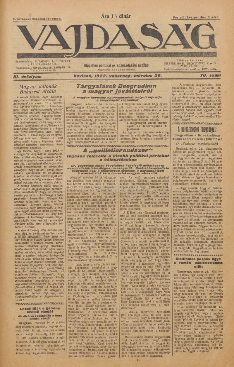 Vajdaság, 3. évf. 1923. március 25. 70. sz.