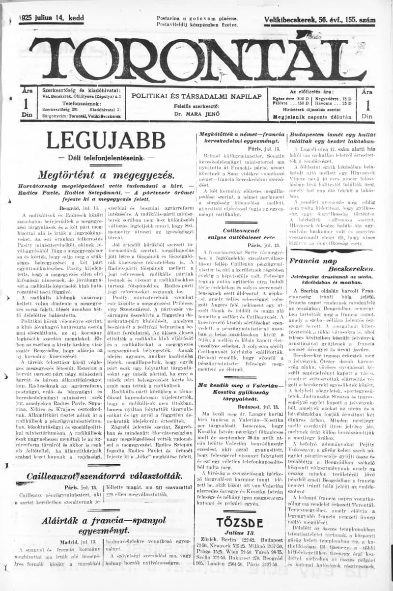 Torontál, 54. évf. 1925. július 14. 155. sz.