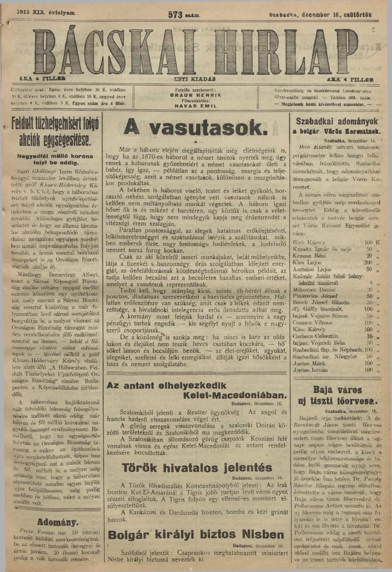 Bácskai Hirlap, 19. évf. 1915. december 16. 573. sz.
