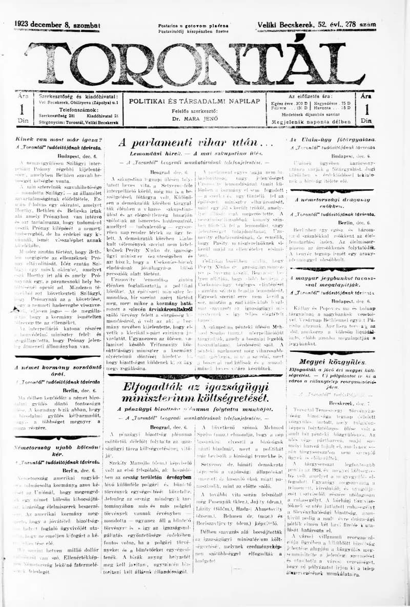 Torontál, 52. évf. 1923. december 8. 278. sz.