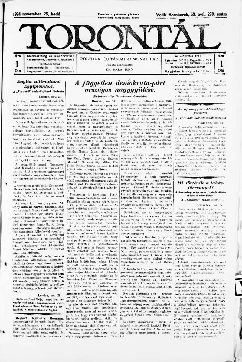 Torontál, 53. évf. 1924. november 25. 270. sz.