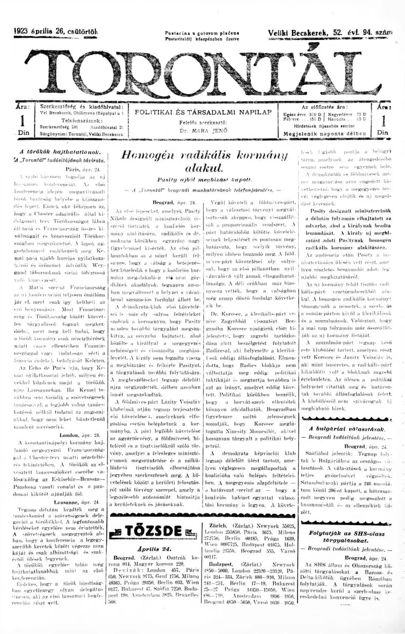 Torontál, 52. évf. 1923. április 26. 94. sz.