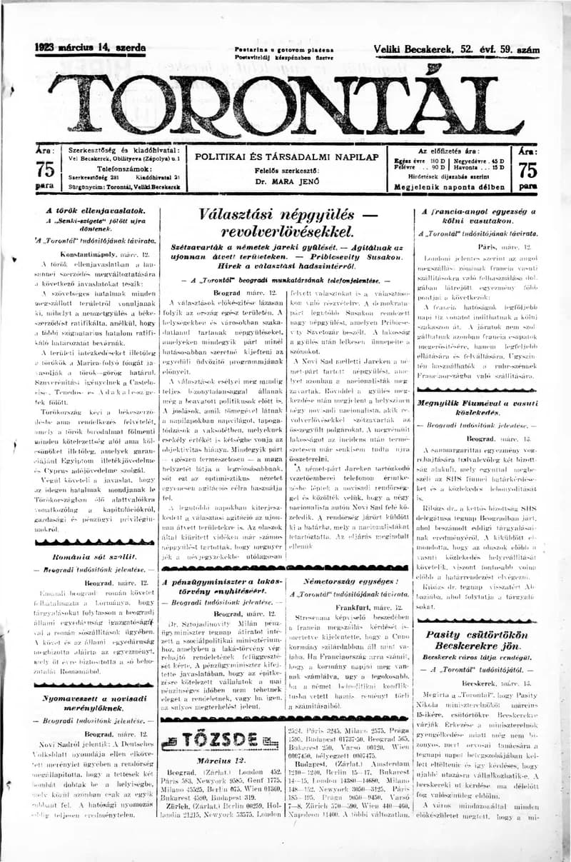 Torontál, 52. évf. 1923. március 14. 59. sz.